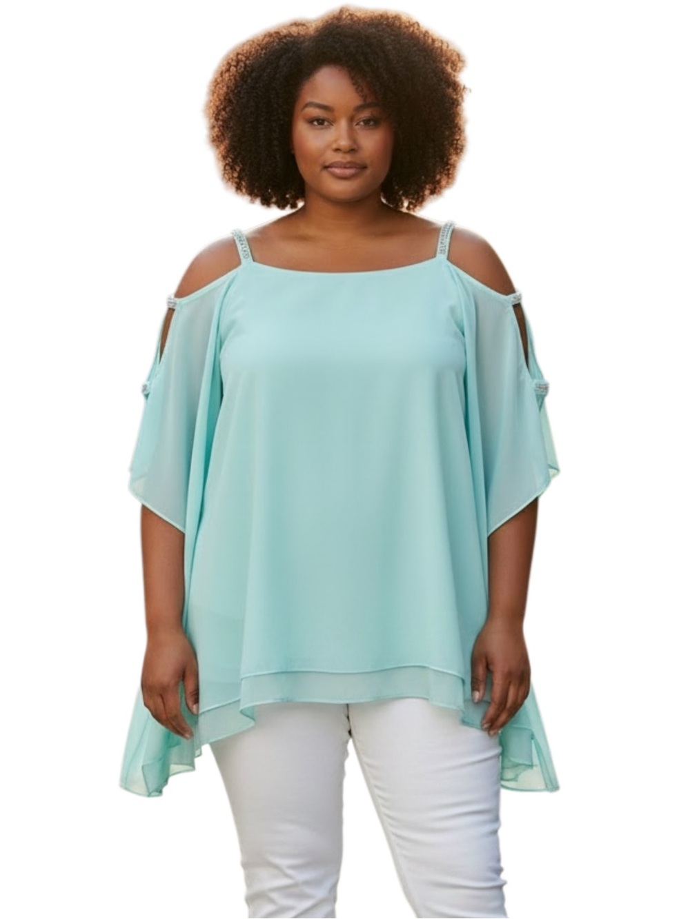 JM Collection Cold-Shoulder Rhinestone Blouse, Color Light Aqua, Size Large
